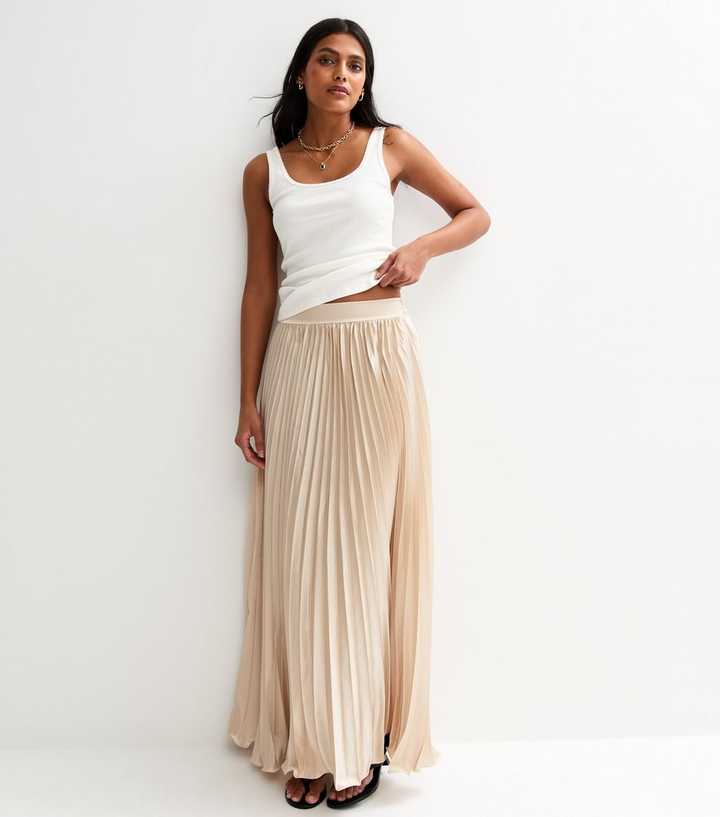 Gini London Cream Satin Pleated Maxi Skirt New Look