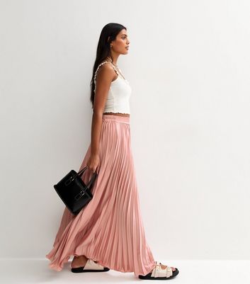 Gini London Pink Satin Pleated Maxi Skirt New Look