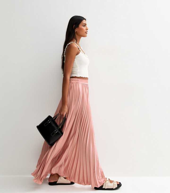 Satin Pleated Petite Pleated Maxi Skirt Gini London Pink Satin