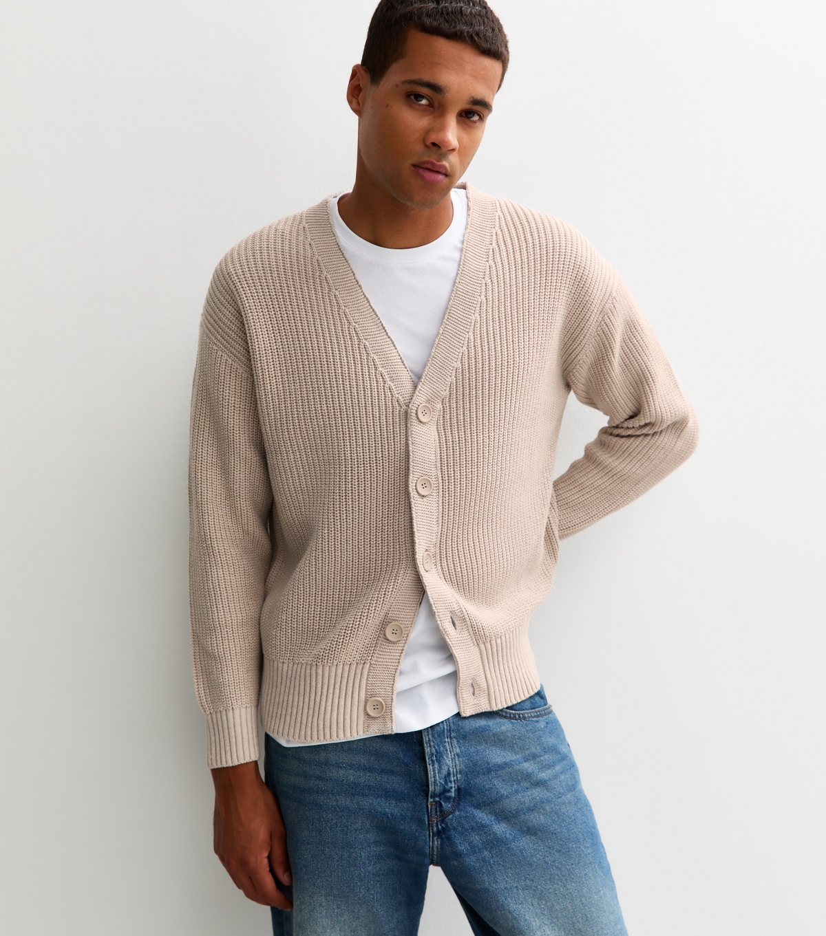 Men's Cream Regular Fisherman Knit Long Sleeve Cardigan New Look
