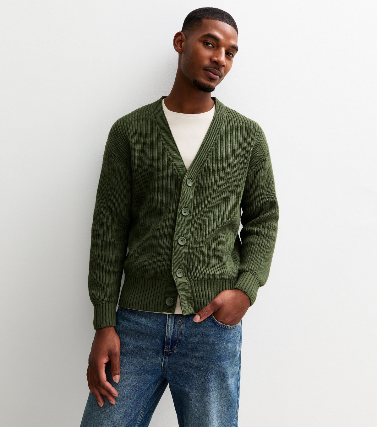 Men's Green Relaxed Fit Long Sleeve Fisherman Knit Cardigan New Look