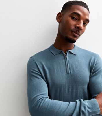 Blue Regular Fit Quarter Zip Knitted Polo Shirt