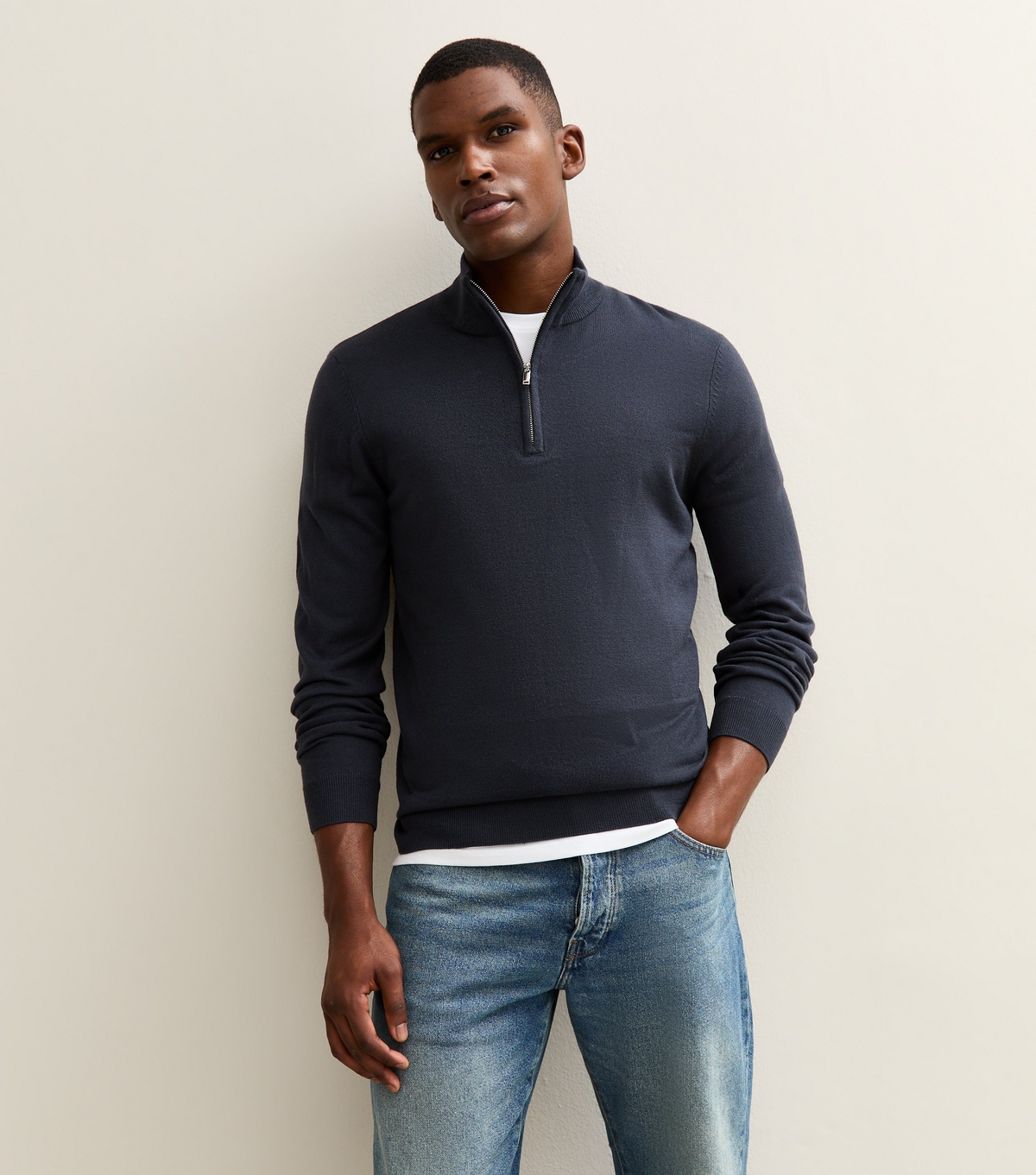 Men's Navy Regular Quarter Zip Long Sleeve Jumper New Look