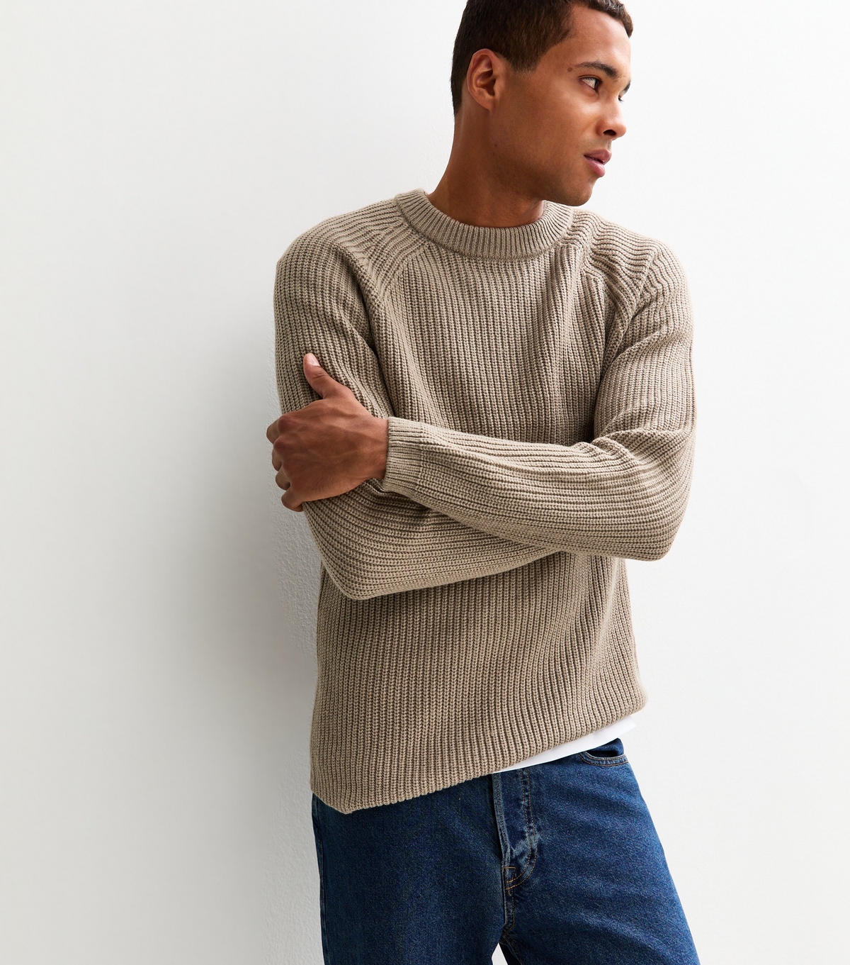Men's Mink Regular Fisherman Knit Crew Neck Jumper New Look
