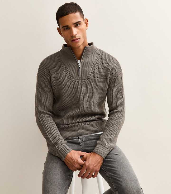 Grey Regular Quarter Zip Funnel Neck Jumper