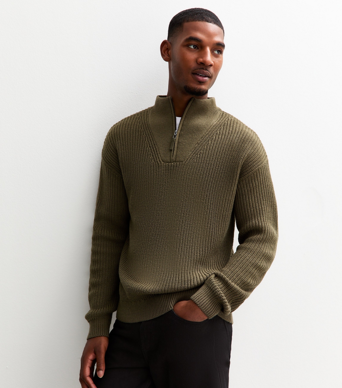 Men's Dark Khaki Regular Quarter Zip Funnel Neck Jumper New Look