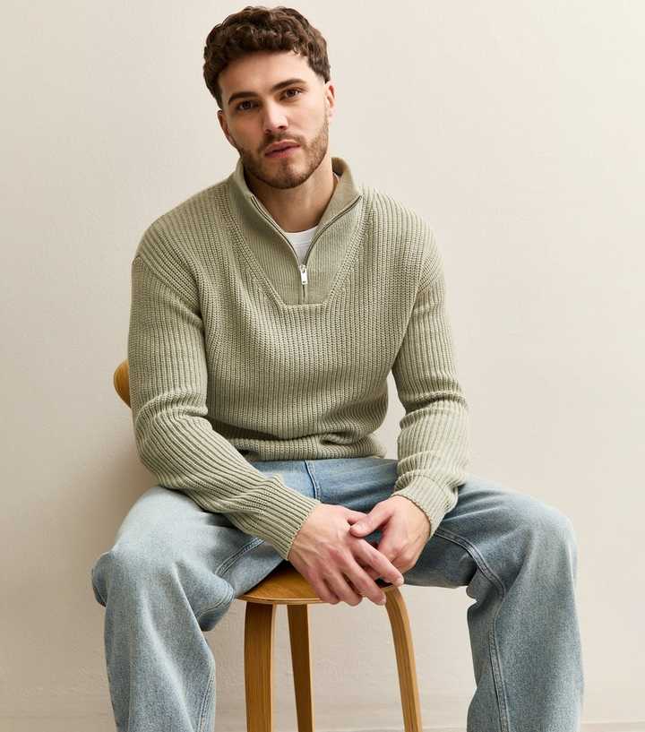 Mint Green Regular Quarter Zip Funnel Neck Jumper