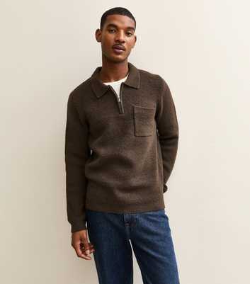 Dark Brown Regular Fit Long Sleeve Brushed Quarter Zip Polo Knit Jumper