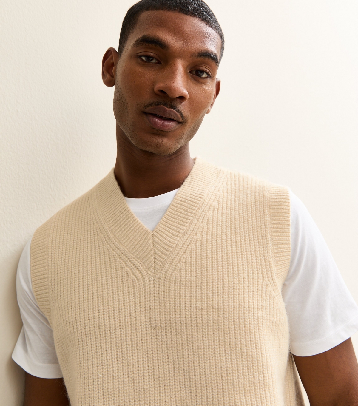 Men's Oatmeal Relaxed V-Neck Vest New Look