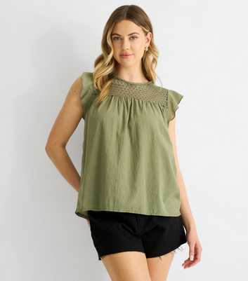 Gini London Khaki Crochet Panel Top