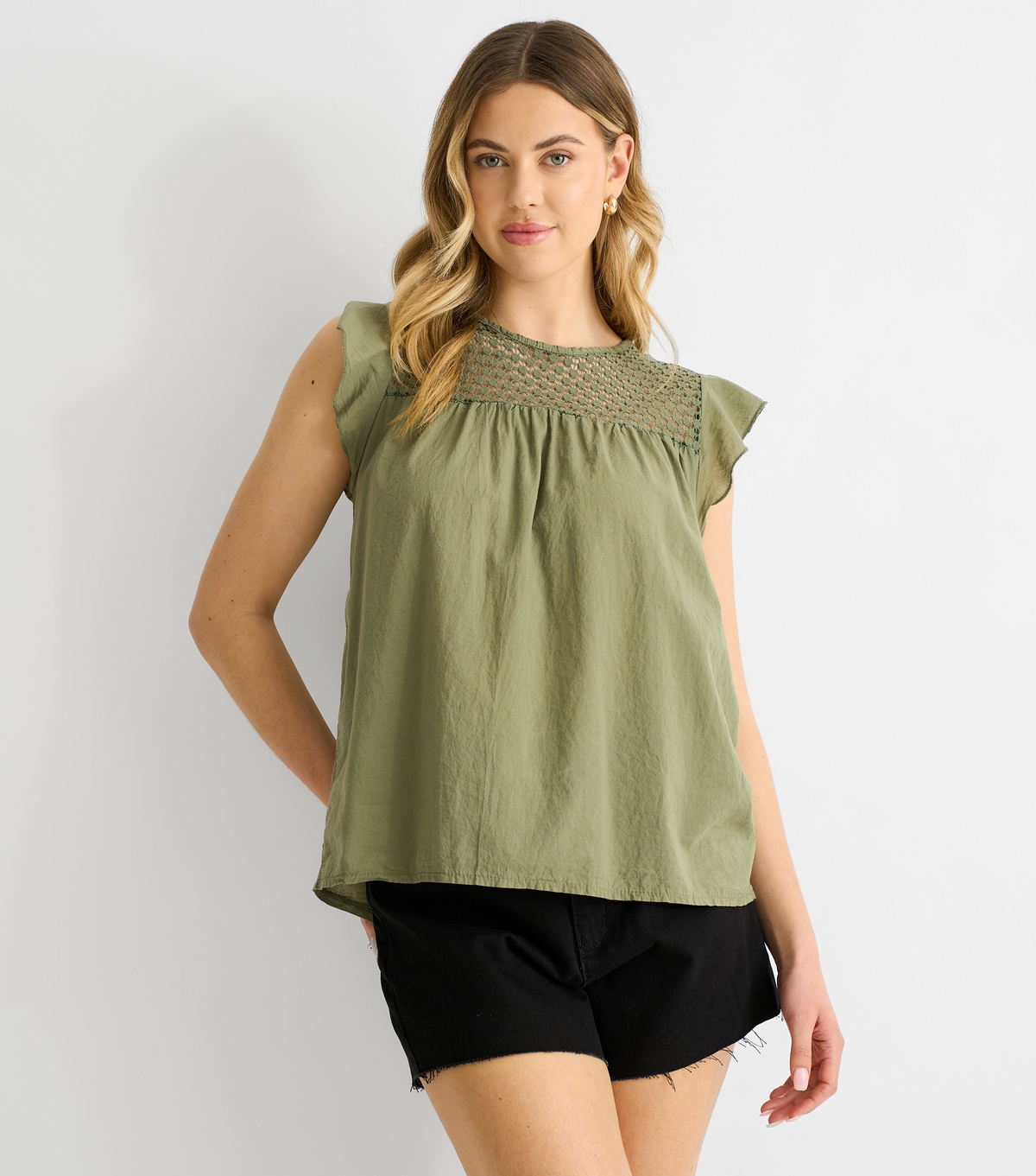 Women's Khaki Crochet Panel Top Gini London New Look