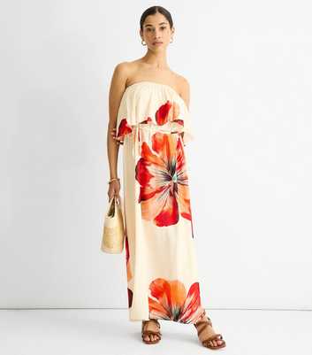 Gini London Oatmeal Floral Print Strapless Maxi Dress