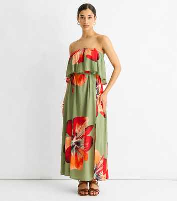 Gini London Khaki Floral Print Bandeau Maxi Dress