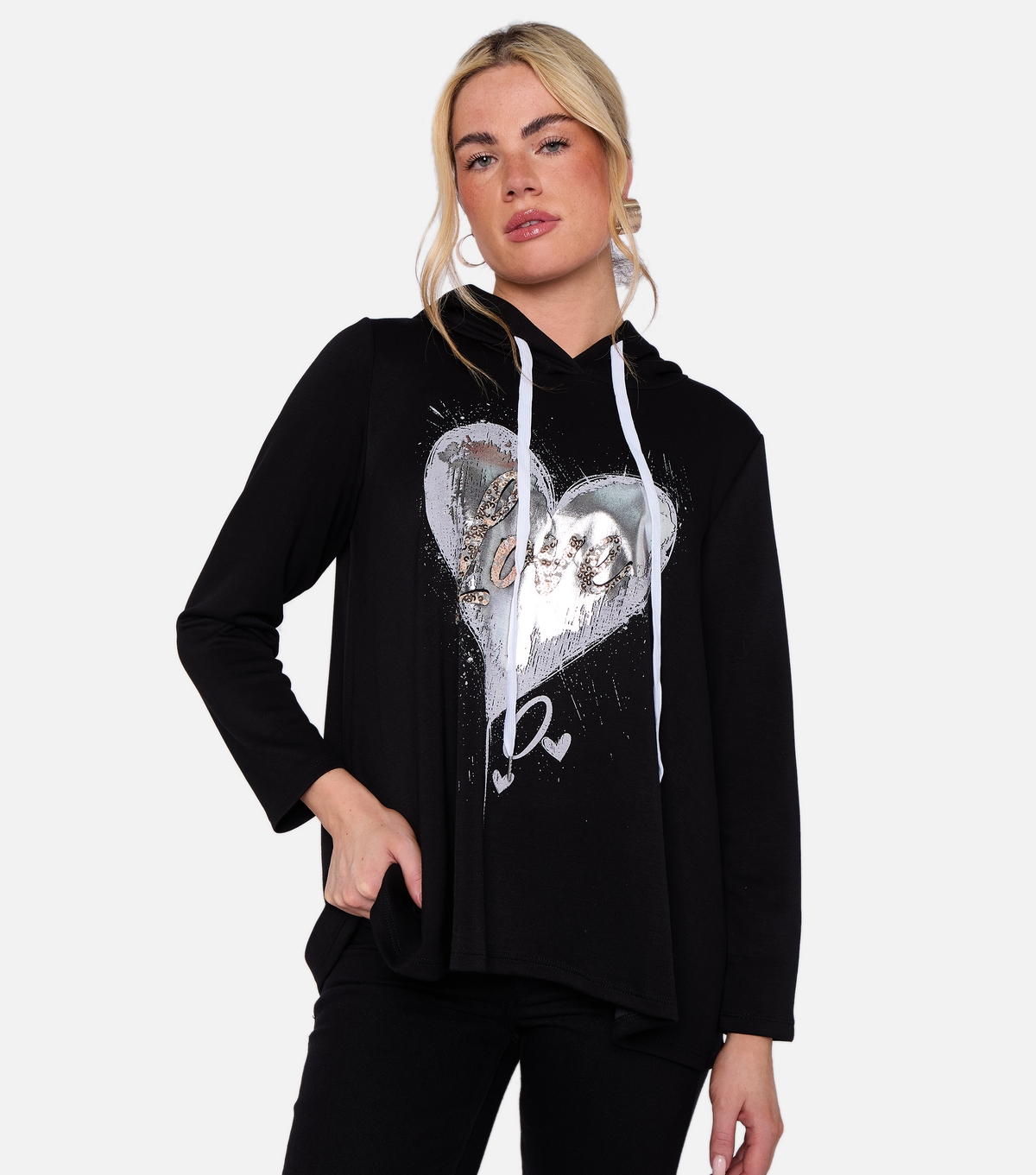 Women's Black Heart Print Hooded Top Gini London New Look