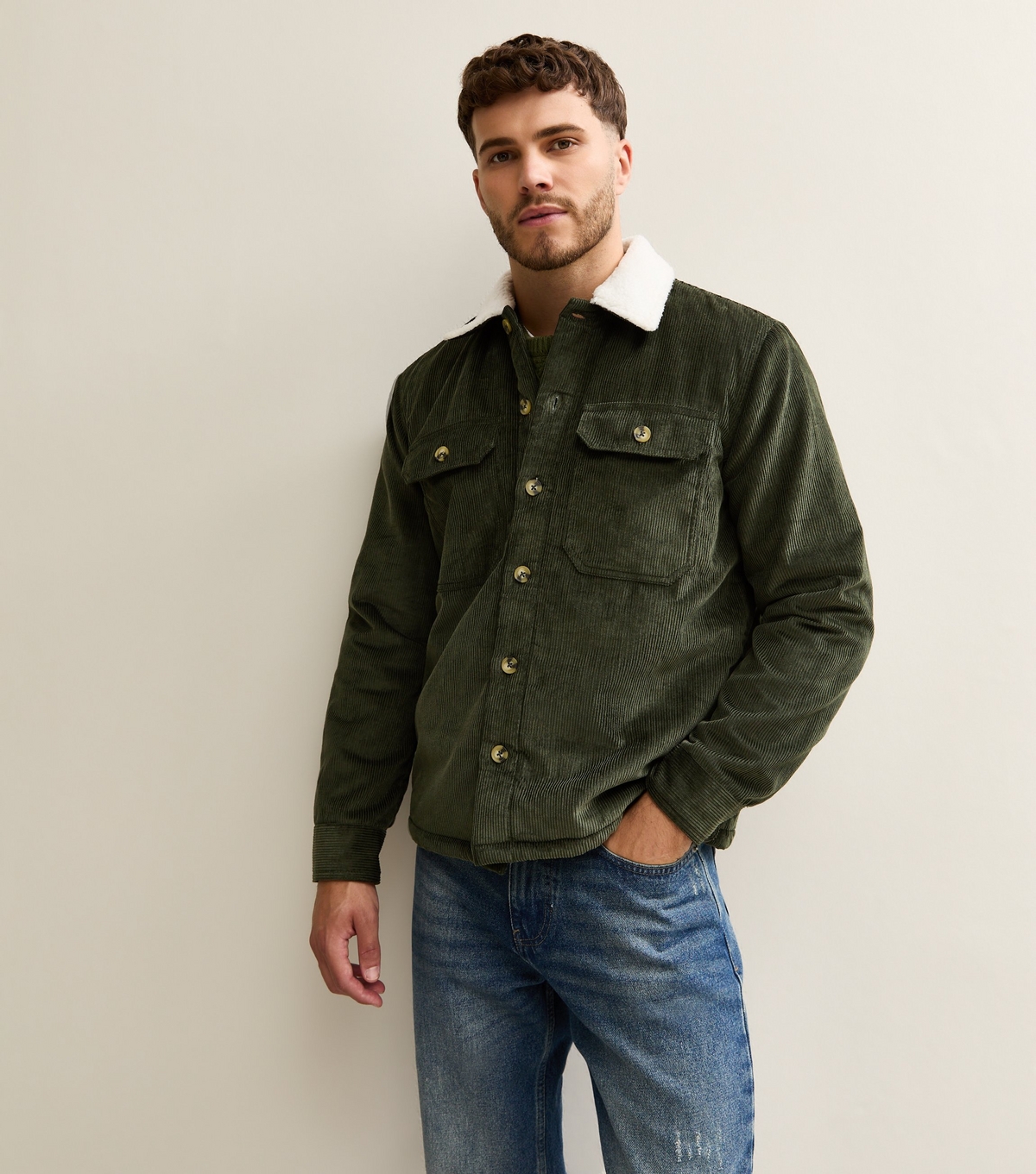 Men's Khaki Relaxed Corduroy Contrast Borg Collar Jacket New Look