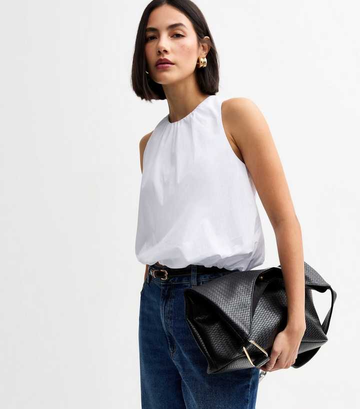 White Poplin Sleeveless Bubble Hem Top