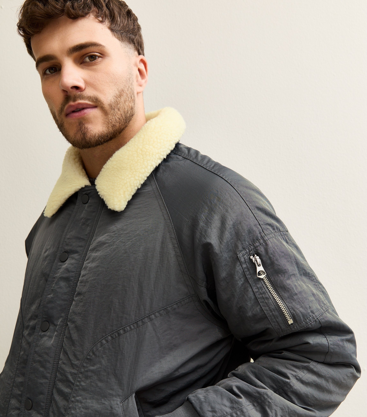 Men's Grey Regular Fit Borg Collar Bomber Jacket New Look