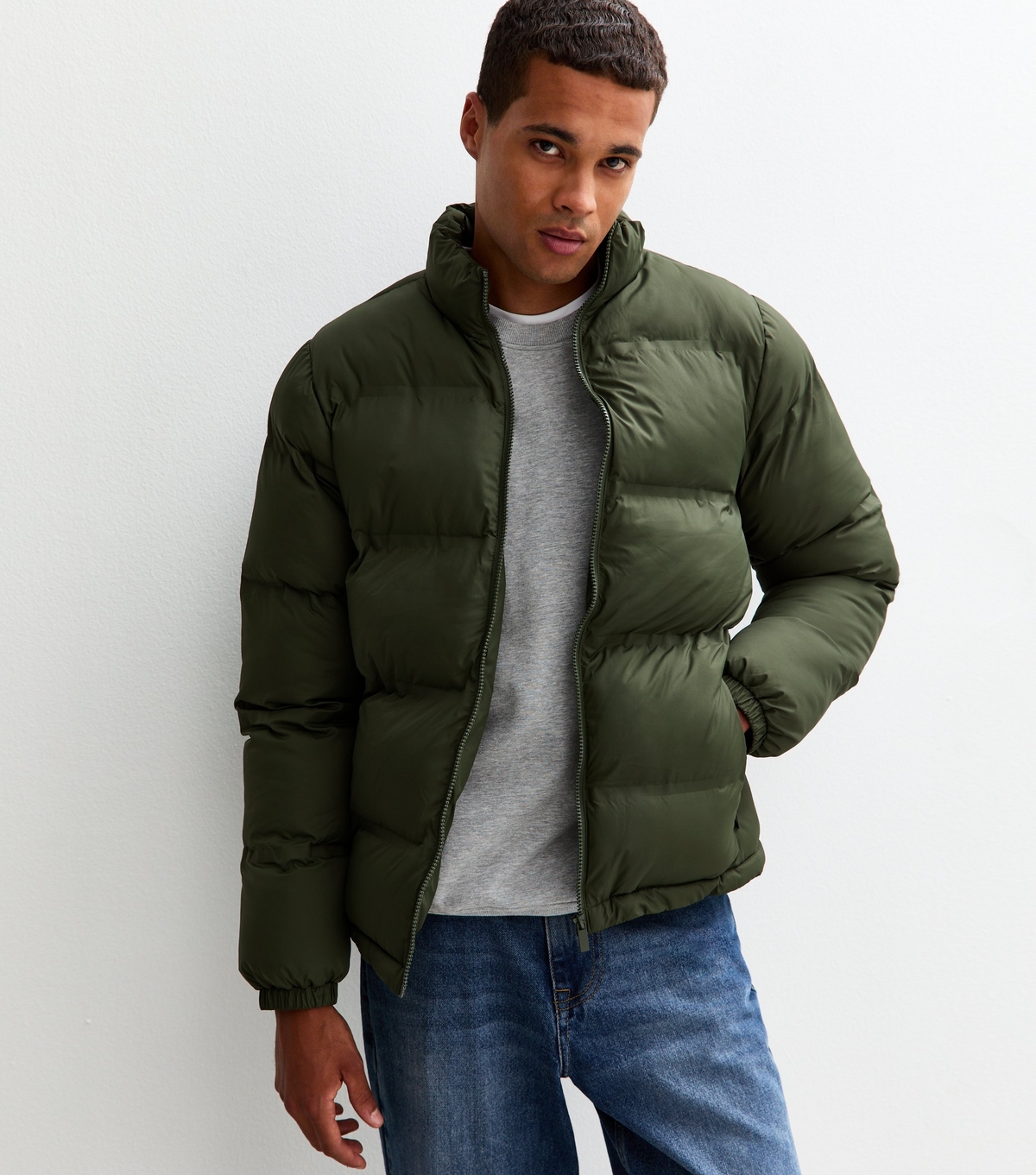 Men's Dark Green Regular Heatseal Puffer Jacket New Look