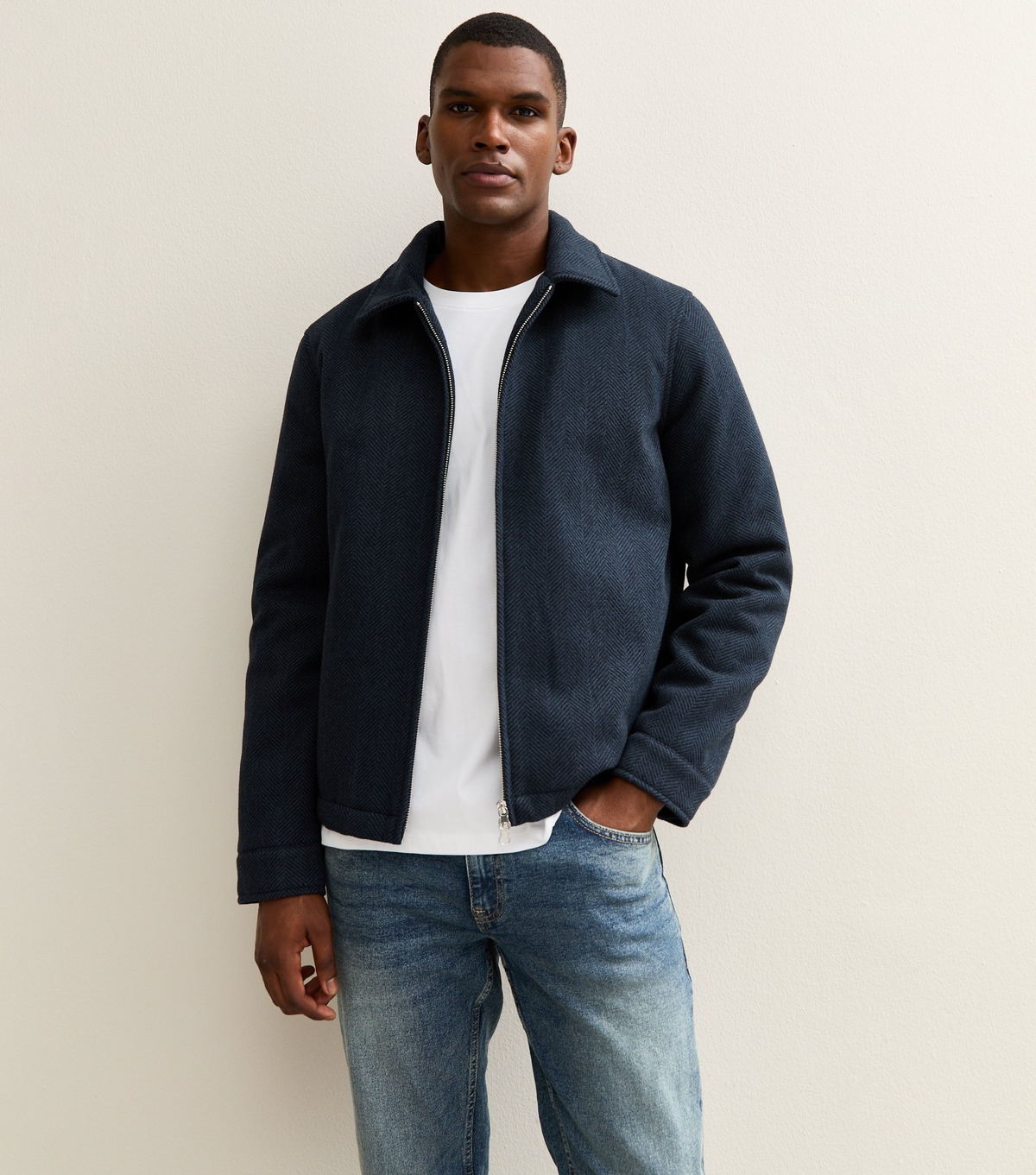 Men's Blue Relaxed Quilted Herringbone Zip Up Jacket New Look