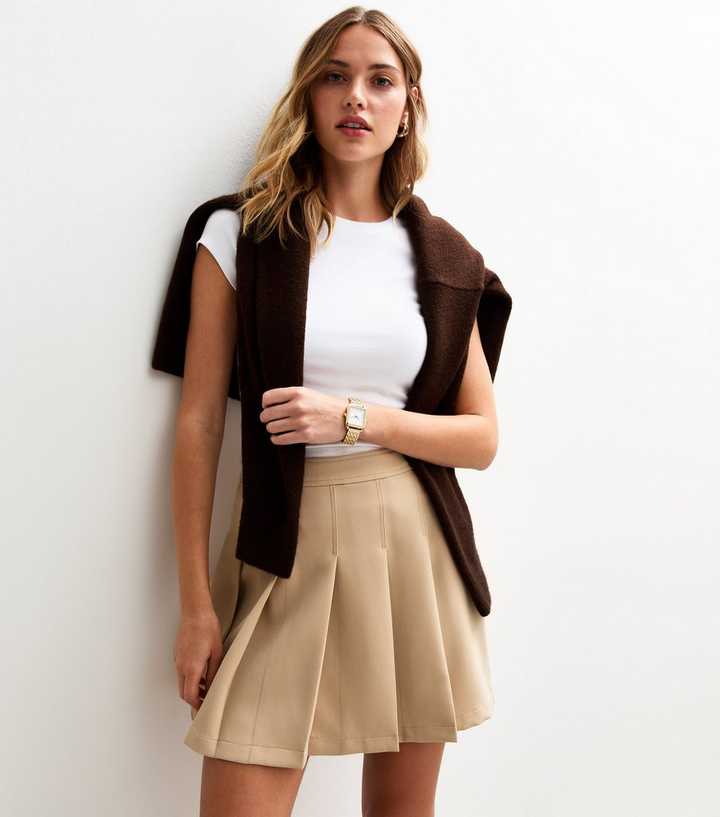 Camel Pleated Mini Skirt