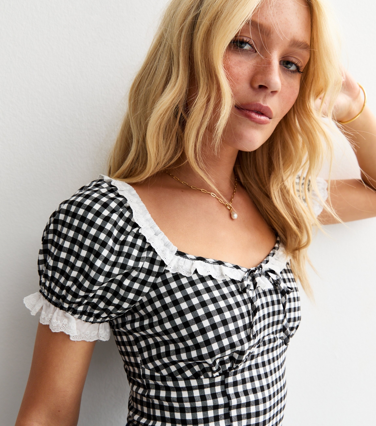 Women's Black Gingham Check Frilly Trim Top New Look