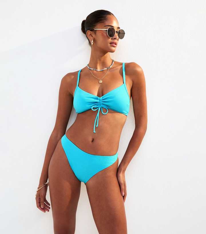 Blue Textured High Waist Bikini Briefs