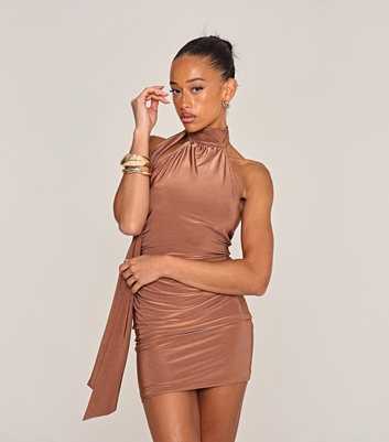 WKNDGIRL Brown Slinky Halterneck Mini Dress