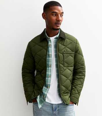 Green Regular Fit Corduroy Collar Quilted Jacket