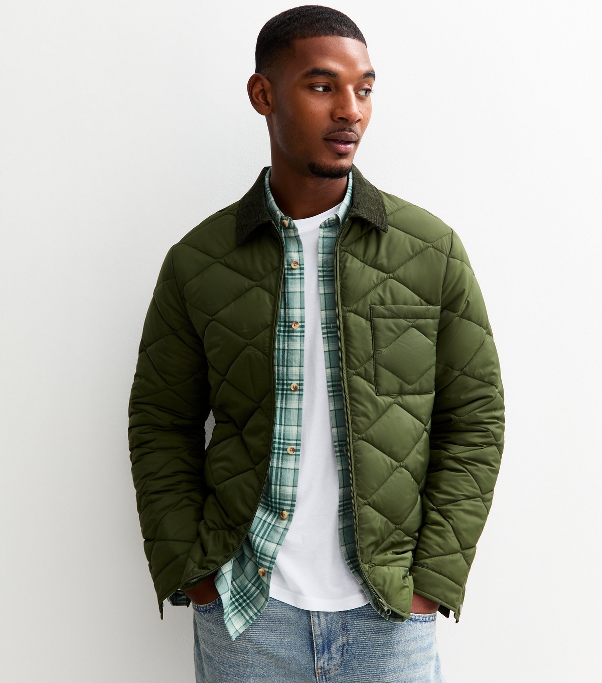 Men's Green Regular Fit Corduroy Collar Quilted Jacket New Look