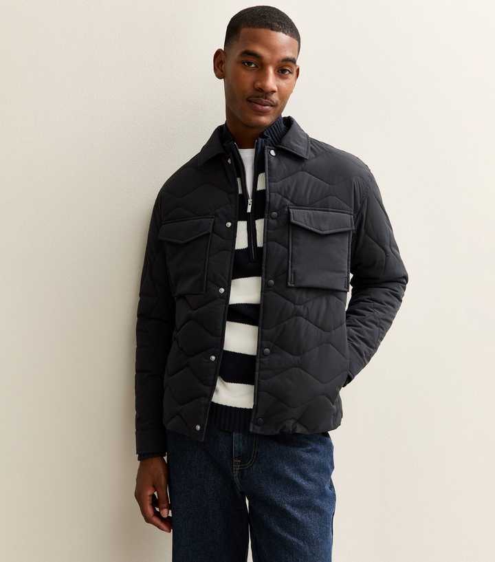 Dark Grey Patch Pocket Collared Quilted Jacket