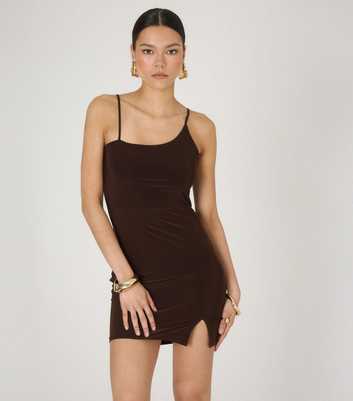 WKNDGIRL Brown Slinky Asymmetrical Strappy Mini Dress