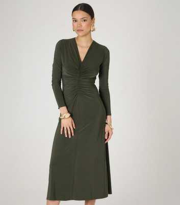 WKNDGIRL Green Slinky Ruched V-Neck Midi Dress