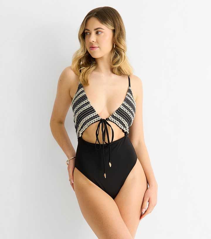 Gini London Black Crochet Textured Tie Front Swimsuit