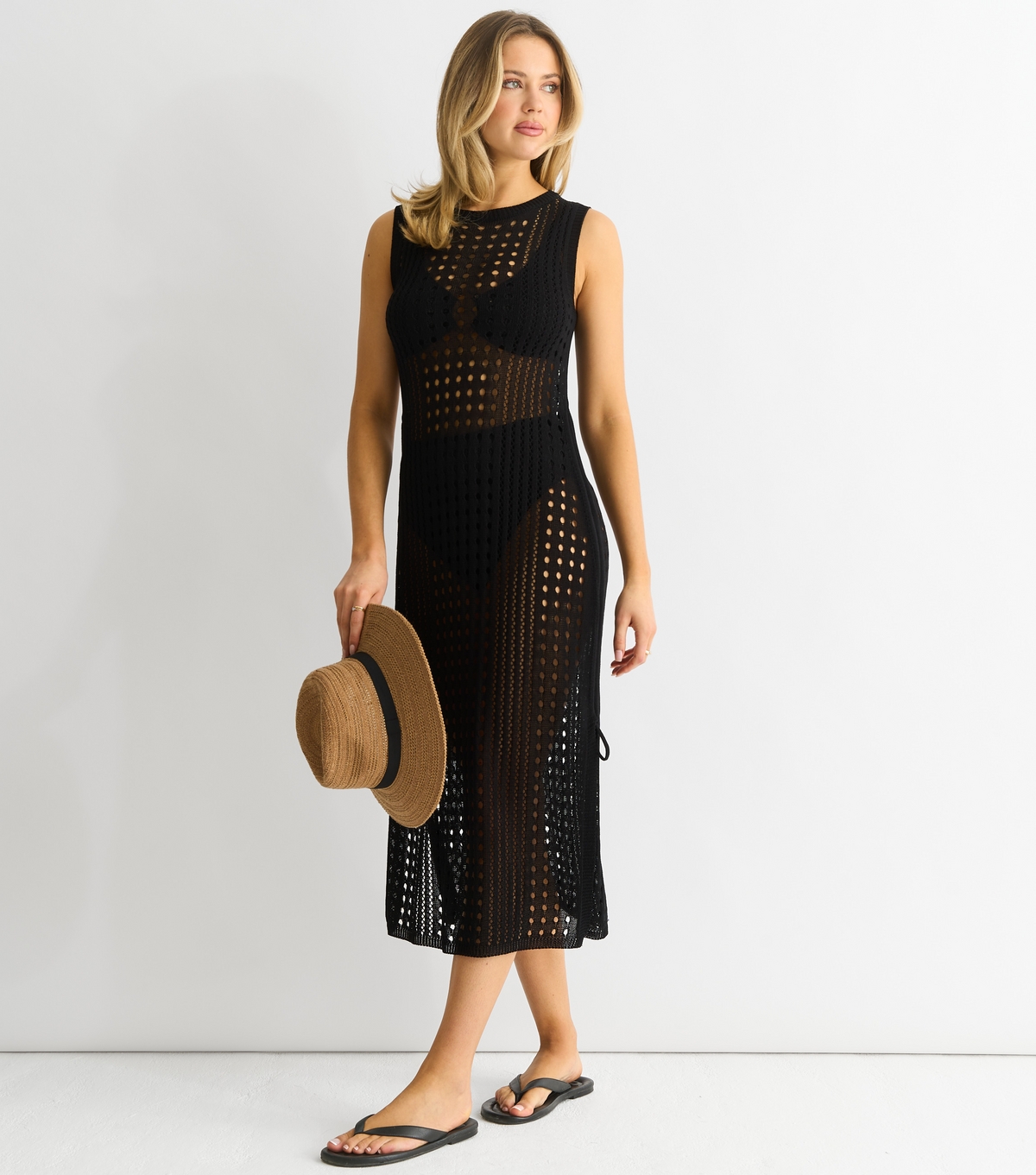 Women's Black Crochet Knit Bodycon Midi Dress Gini London New Look