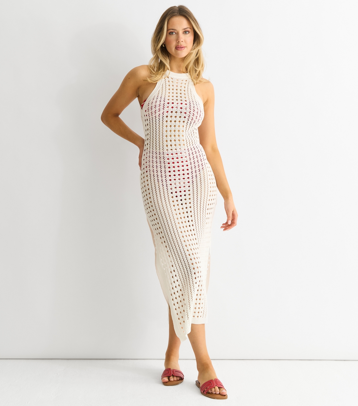 Women's White Crochet Bodycon Slit Hem Midi Dress Gini London New Look