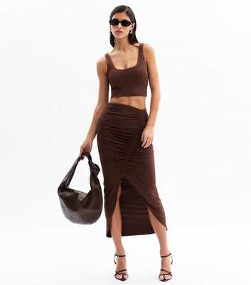 Brown Ruched Slit Hem Midi Skirt