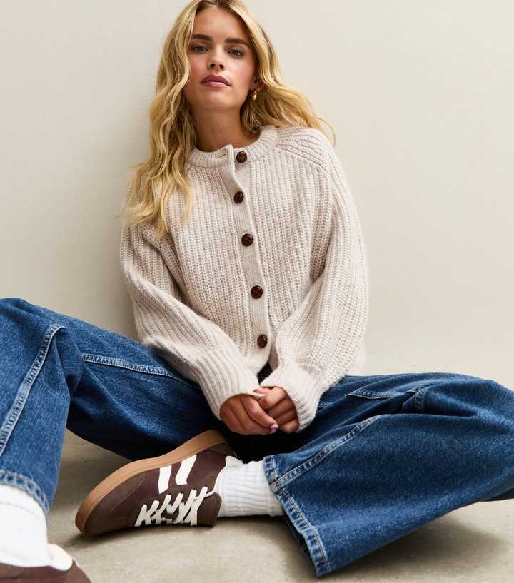 Petite Cream Ribbed Knit Raglan Sleeve Cardigan