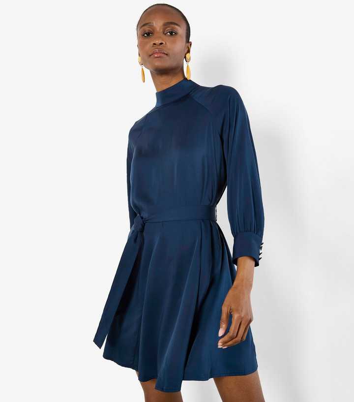 Apricot Navy High Neck Satin Mini Dress | New Look