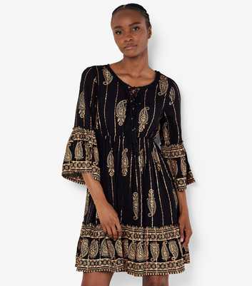 Apricot Black Bohemian Bell Sleeve Dress