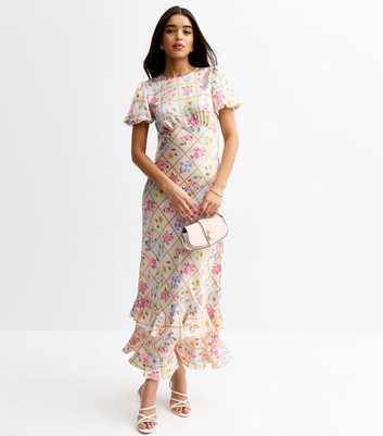 Cream Floral Check Print Satin Maxi Dress