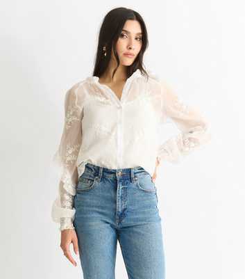 Gini London White Embroidered Puff Sleeve Top