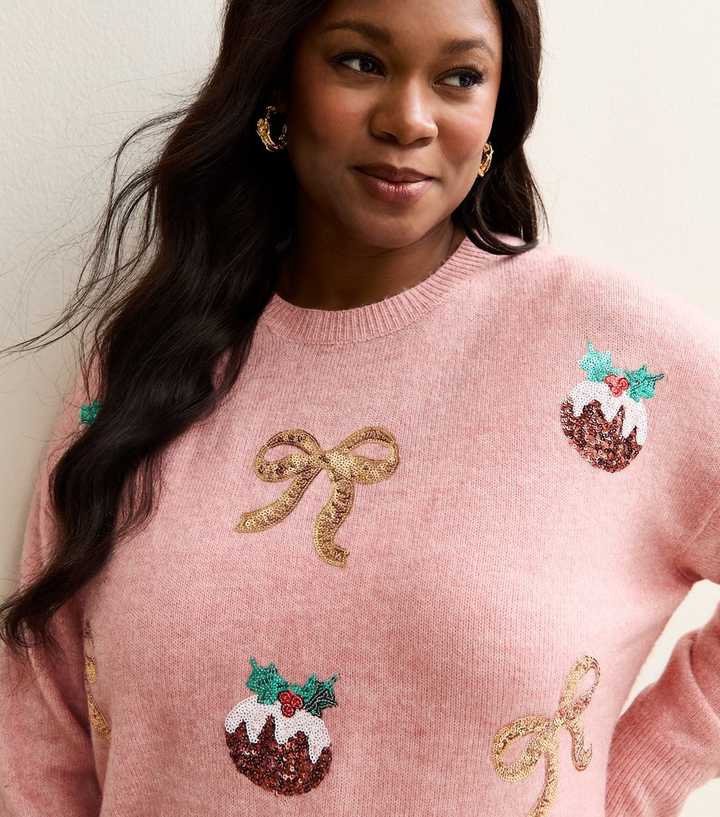 Curves Pink Christmas Pudding Embellished Jumper