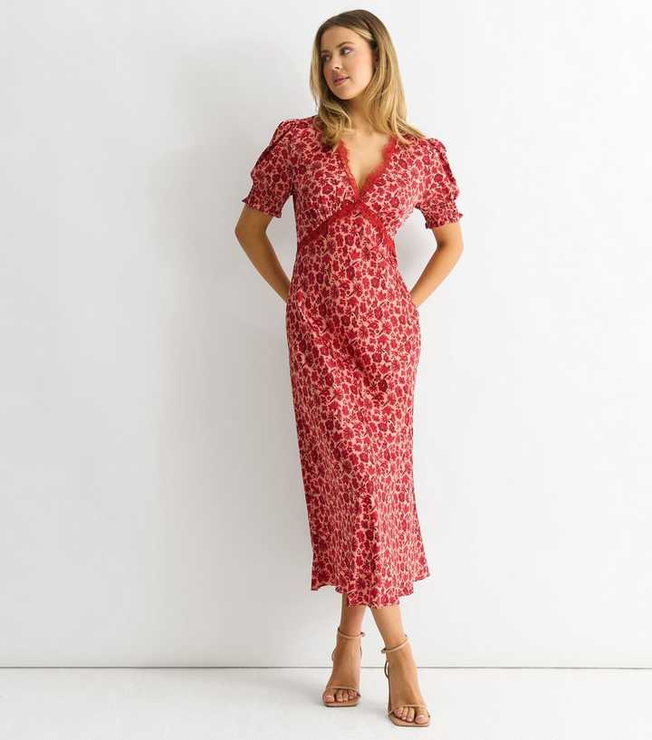 Gini London Red Floral Print Lace Trim Midi Dress