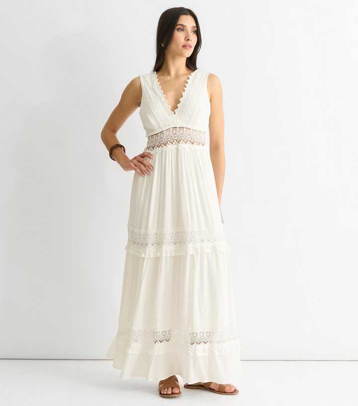 Gini London White Lace Trimmed Tiered Maxi Dress