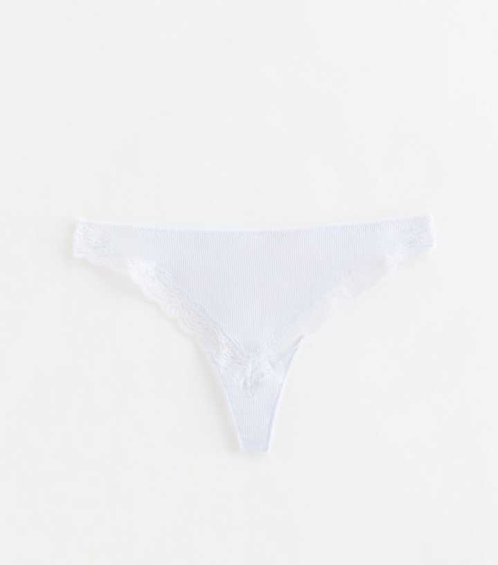 White Ribbed Lace Trimmed Thong
