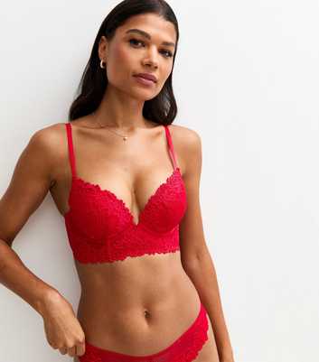 Red Lace Mesh Longline Push Up Bra