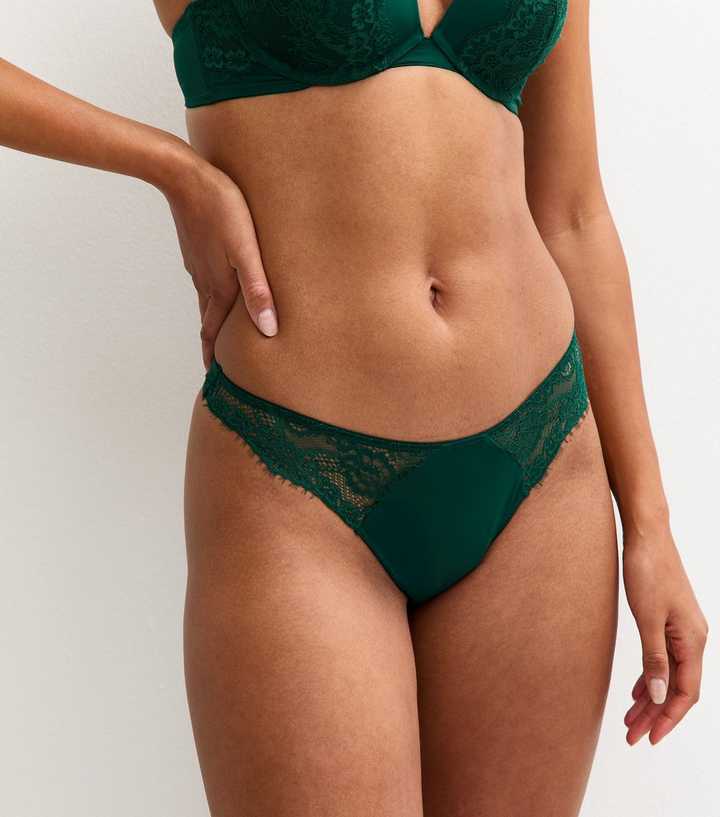 Dark Green Eyelash Lace Trim Thong