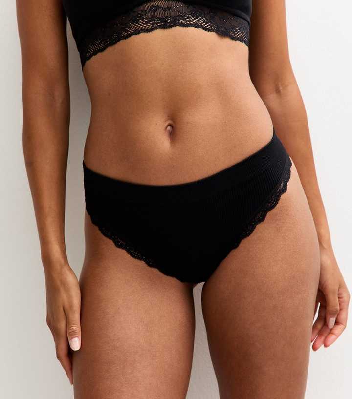Black Seamless Lace Trimmed Ribbed Jersey Thong