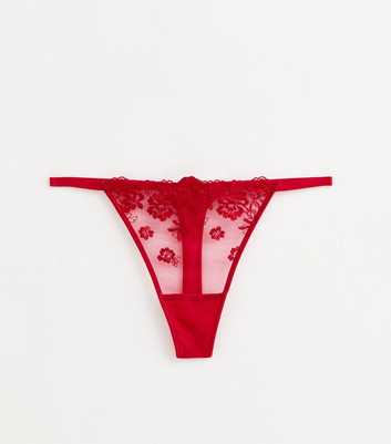 Red Floral Embroidered Mesh Thong