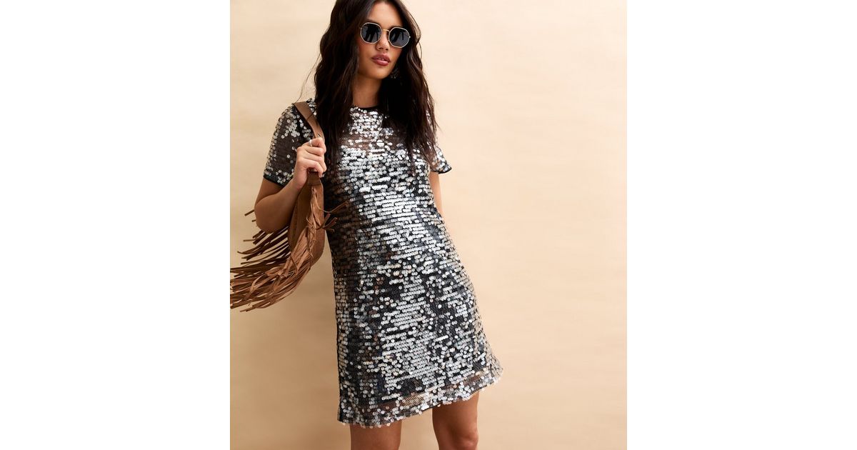 Silver Sequin T-Shirt Dress | New Look